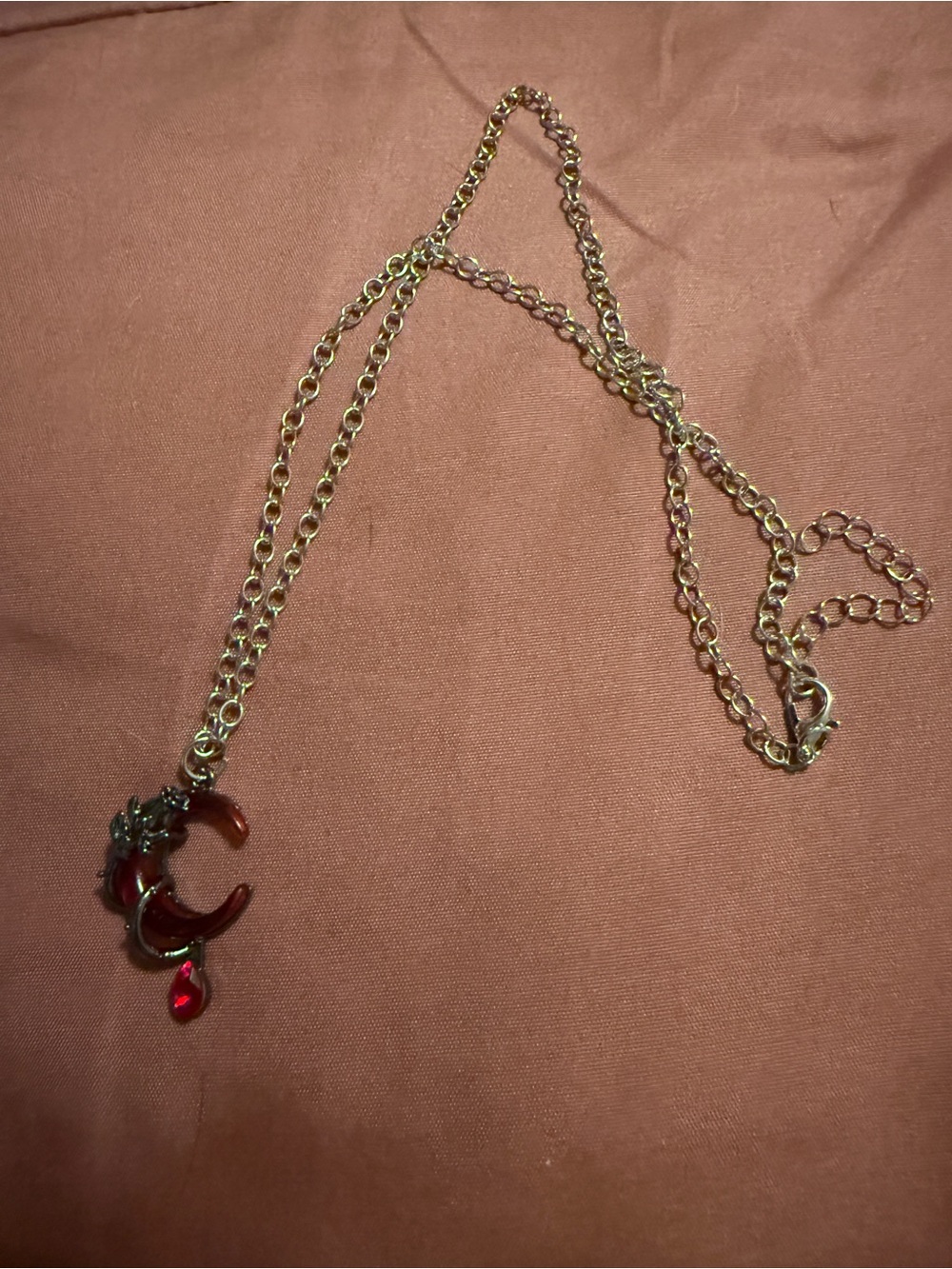 Silver Chain C Necklace with Red Crescent Pendant With Dragon